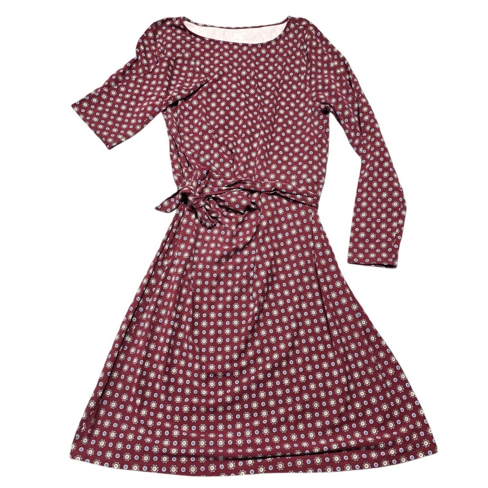 Lands'‎ End Fit and Flare Dress Women L 14-16 Burgundy Cotton Modal Geometric
